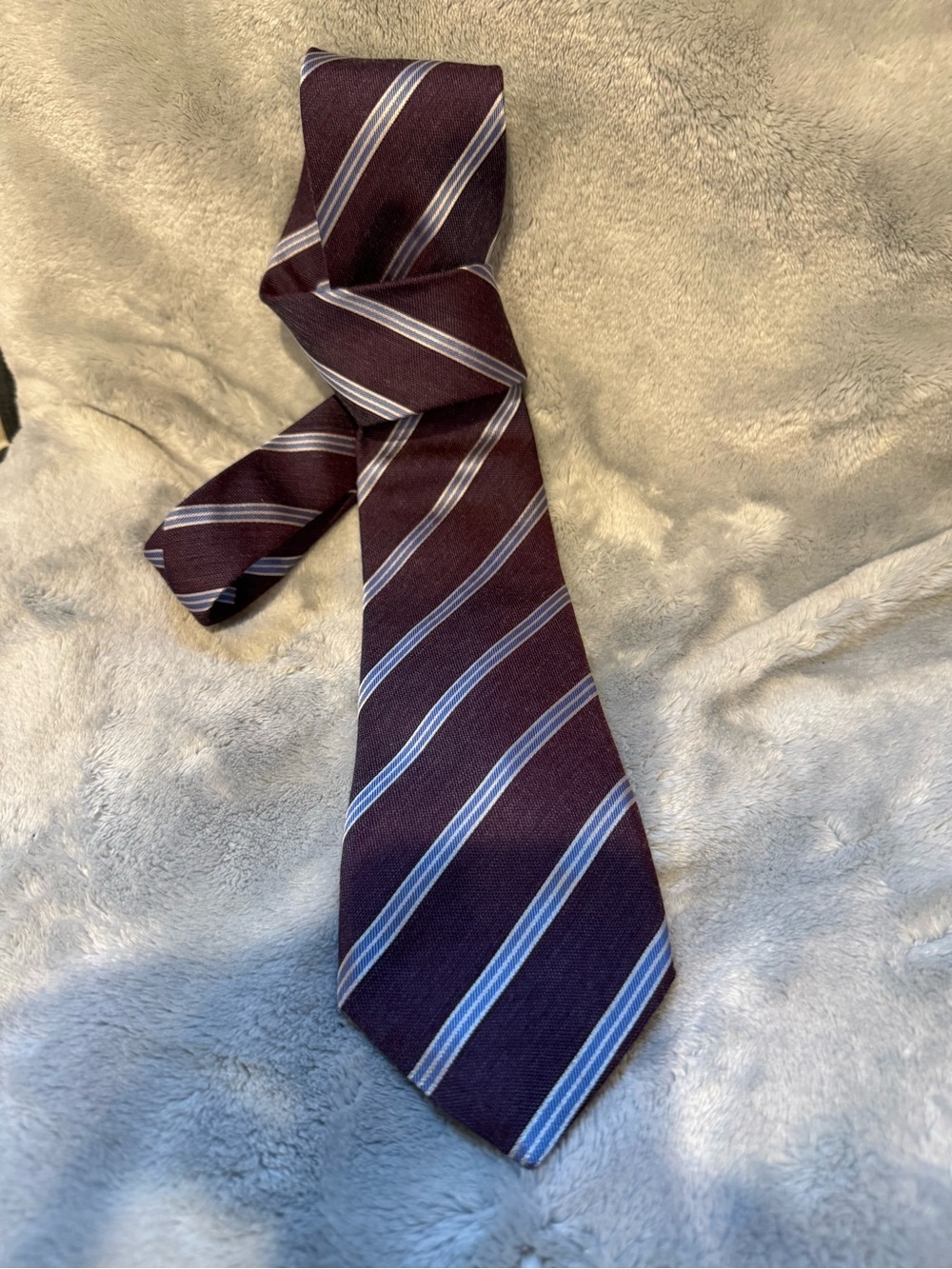 Designer Men’s Tie Silk Tie Burgundy Light Blue Stripe Luxury Executive Wedding